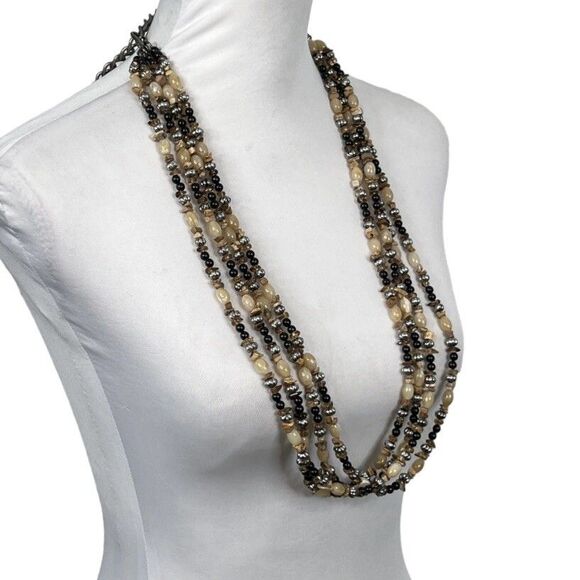 Beaded 4 Strand Chain Necklace Hook 27" Long Extend 11" Brown Tan Chip Round - Picture 4 of 9